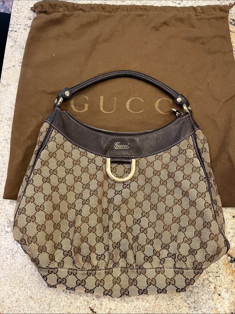 Vintage Gucci Beige/Brown GG Canvas D ring hobo Bag with Gold Hardware